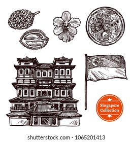 Black and white singapore hand drawn sketch set with symbols traditional food and famous sights isolated vector illustration