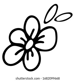 Black And White Single Flower Doodle Sketch. Hand-Drawn Isolated Illustration On White Background. Single Flower For Kid Coloring Book, Coloring Page, Design, Holiday And Birthday Card.