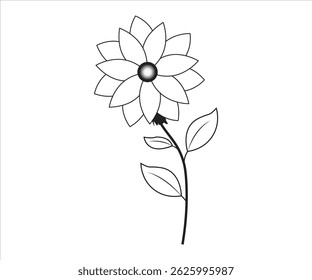 Black and White Single Flower Illustration with Stem and Leaves - Vector Art