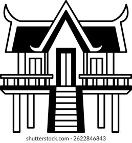 black and white single icon of Thai temple monk hut