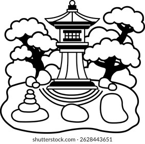 black and white single icon of a zen garden
