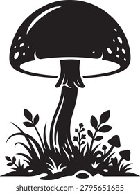A black and white of a single large mushroom surrounded by small forest plants and grass, isolated on a white background.