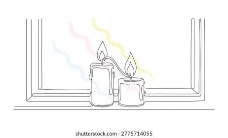 Black and white single line art, two glowing candles, pink yellow blue smoke, melting wax, smooth curves.