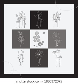 Black and white single line drawing with modern flower and leaf patterns with isolated background