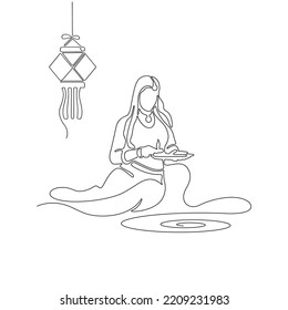 Black And White Single Line Drawing Of Indian Woman Holding Diya