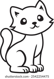 Black and white sitting cat vector, line border, cartoon, easy art, simple, logo, for any print, for coloring, line art, for cutting plotter, drawing, outline, png