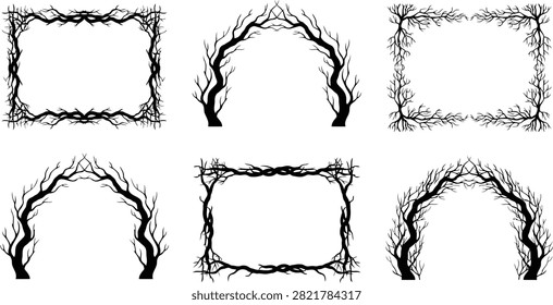 Black and white of six distinct tree silhouettes against a white background bare trees winter trees forest trees