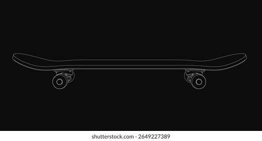 A black and white skateboard drawing stands out against a dark background, featuring detailed wheels and a clearly defined deck. The minimalist style highlights the skateboard's sleek design.