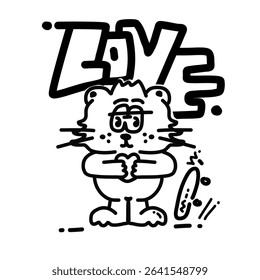 Black and white skating cat sport, illustration, doodle, black skating  pet  design  white  cute  poster sketch isolated.