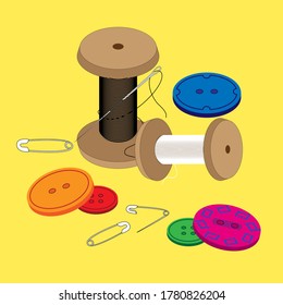 Black and white skein of thread with needle, buttons and pins. Needlework and handmade themes for ads and booklets. Colorful vector illustration