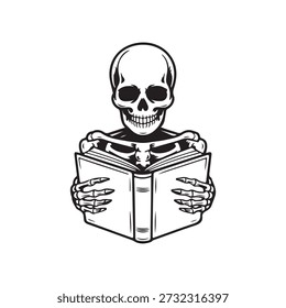 Esqueleto preto e branco lendo livros. Desenhado à mão caveira e ossos ilustração para educação, Halloween e projetos de design.