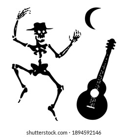 black and white skeleton in a hat dancing, guitar and moon isolated on white background. Vector illustration