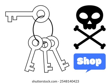 Black and white skeleton keys and a skull with crossbones next to a speech bubble containing the word shop in blue. Ideal for security, danger, shopping, signage, graphic design