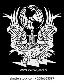 Black and White Skeleton On Traditional Tattoo Style Eagle with Wild Ones Never Die Slogan Old School Artwork on Black Background for Apparel and Other Uses