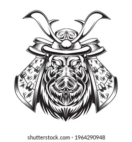 black and white skeleton with samurai pig illustration