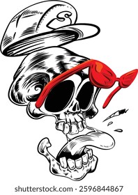black and white skeleton wearing hat and red glasses