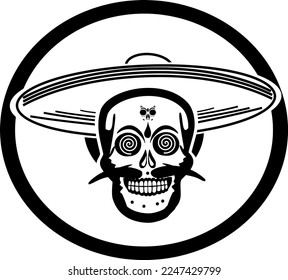Black and white skeleton's head wearing sombrero