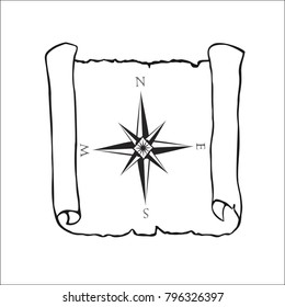 Black and white sketch of ancient scroll, isolated on white. Map with wind rose, nautical compass. Empty sheet of parchment paper with with place for your text. Hand drawn vector illustration.