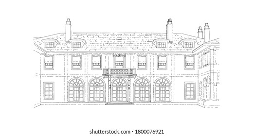 Black and white sketch, architecture. Vector illustration with style mansion. Historic building, wedding venue.