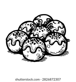 Black and white sketch of assorted cookies decorated with icing and sprinkles, arranged in a cluster on a plain background.