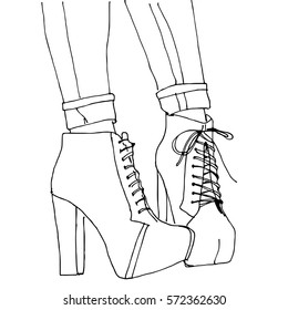 Black and white sketch of the autumn and winter women's shoes. Fashion illustration