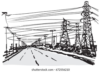 Black and white sketch background with network of different electricity cables