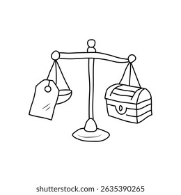 Black and white sketch of a balance scale weighing a price tag against a treasure chest, symbolizing value, cost, worth, or decision-making in commerce or ethics.