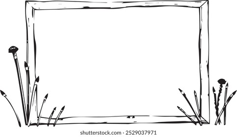 Un boceto en blanco y negro de una superficie en blanco con pinceles y un marco.