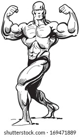 Black and white sketch of bodybuilder.
