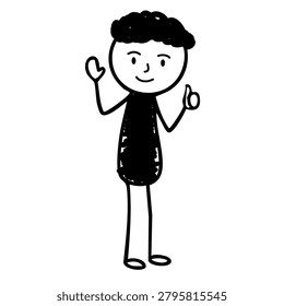 black and white sketch of boy waving hello happily
