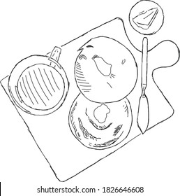 black and white sketch bread, bagel, donuts, butter, butter knife. line drawn with pencil. breakfast, lunch, snack. a mug of tea, cocoa. vector eps 10 on white background