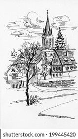 Black and white sketch of building and trees vector 