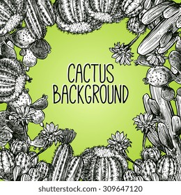 Black and white sketch cactus frame on green background vector illustration