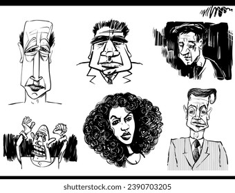 black and white sketch cartoon caricature illustration of people characters portraits set