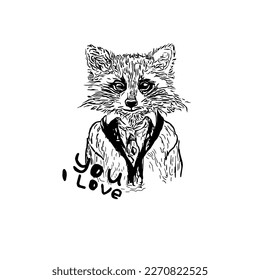 Black and white sketch of the cartoon raccoon. Isolated on a white background. Engraving design for tattoos.