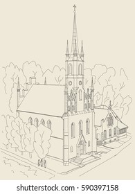 Black and white sketch of the Cathedral in the Gothic style. In the small cozy town in Europe.