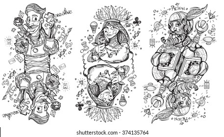 Black and white sketch of the characters. King, queen and jack of clubs suit. Playing cards.