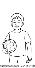 black and white sketch A cheerful young boy in an orange outfit, holding a classic soccer ball. Perfect illustration for sports, children's activities, or active lifestyle themes.