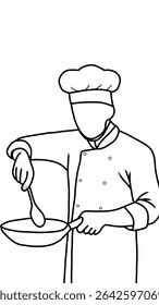black and white sketch of A chef in a white uniform, expertly stirring a pan. Ideal for illustrating culinary arts, cooking, food preparation, or professional kitchen settings.