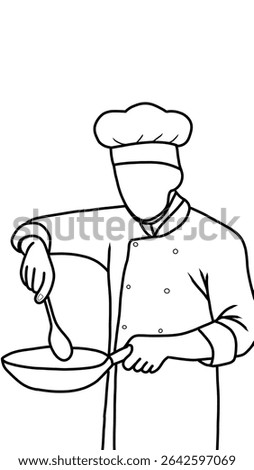 black and white sketch of A chef in a white uniform, expertly stirring a pan. Ideal for illustrating culinary arts, cooking, food preparation, or professional kitchen settings.