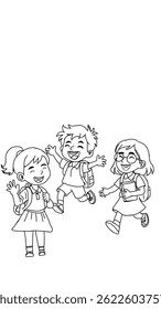Black and white sketch of children excitedly going back to school, with backpacks and big smiles, in front of a school building. Ideal for coloring pages, worksheets, and educational designs.