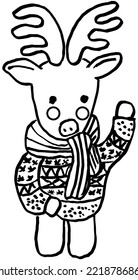 Black and white sketch of a Christmas deer in a sweater and scarf. Hand drawn cartoon outline drawing isolated on transparent background. Illustration for kids coloring page