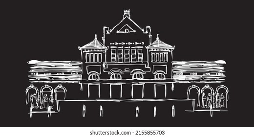 Black and white sketch of the Cirebon City Train Station, West Java, Indonesia. Vector illustration	