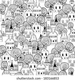 Black and white sketch of the city. Seamless pattern with houses, trees. Cartoon vector fairy tale winter drawing houses background