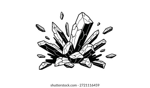 Bosquejo en blanco y negro de un grupo de cristales afilados o rocas minerales con fragmentos que se rompen para representar formaciones geológicas o magia.