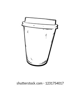 Black and white sketch of coffee cup, vector line art sketch illustration