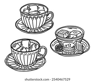 Black and white sketch of coffee cups. Vector illustration.