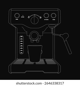 Um esboço preto e branco de uma máquina de café com uma xícara de vapor colocada na frente, com uma arte de linha limpa e um fundo escuro para contraste. A ilustração minimalista destaca o da máquina.