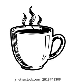 Black and white sketch of a coffee mug with steam rising, ideal for breakfast or cafe themes, emphasizing warmth and comfort.