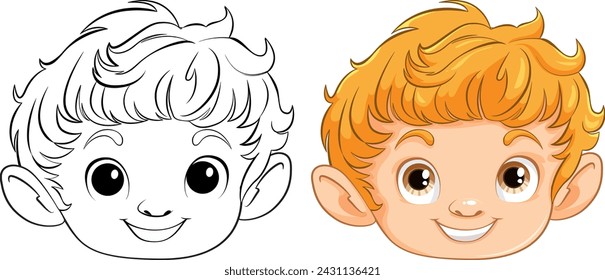 Black and white sketch and colored illustration of a boy.
